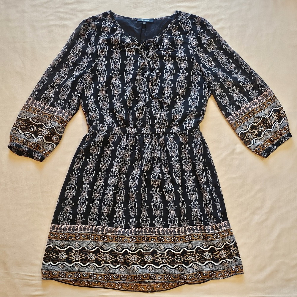 Madewell Size 4 Black Damask Print Allover Cinched Waist Mini Dress Long Sleeve